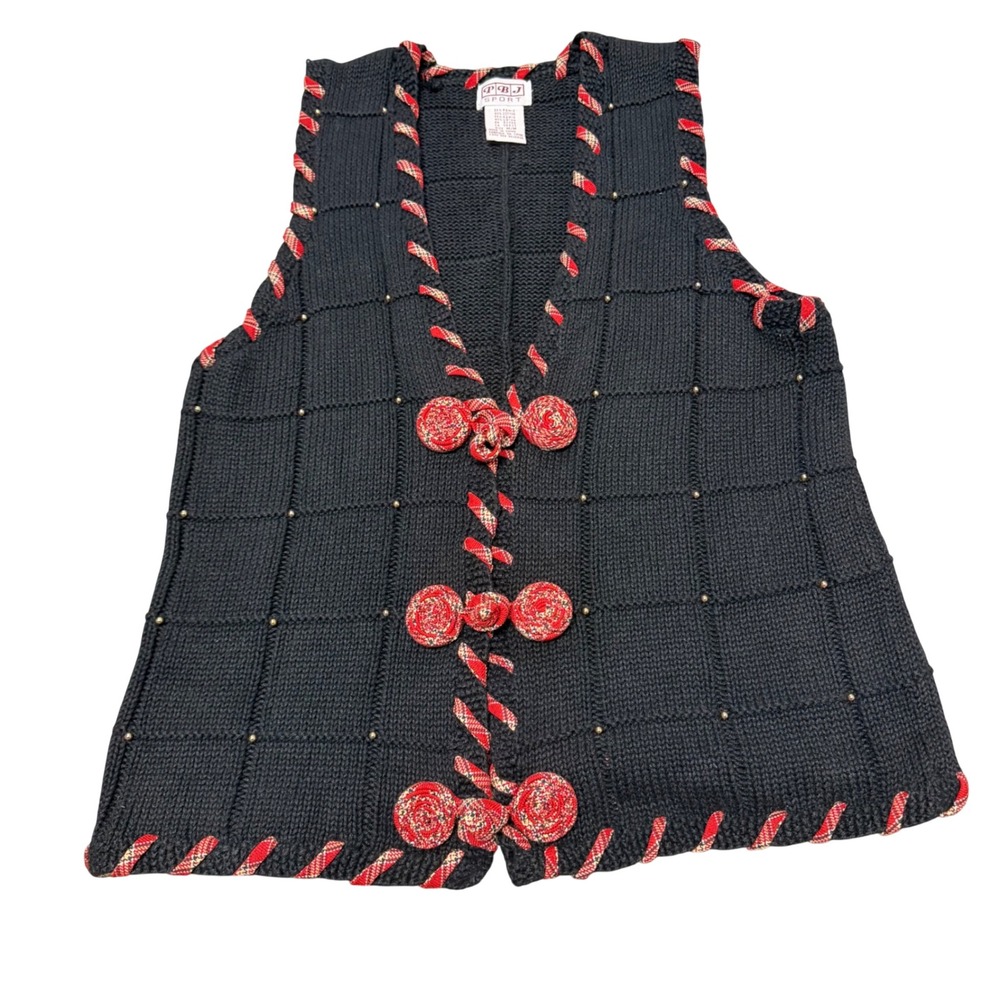 PBJ Sport Christmas Knit Vest Womens M Black Red Plaid Frog Closure Holiday